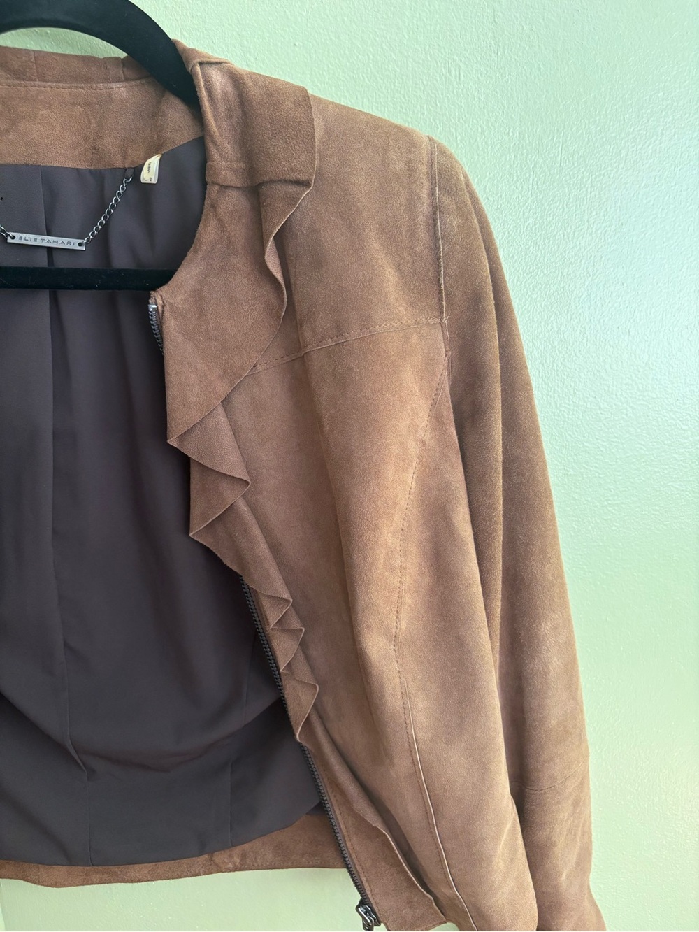 Elie Tahari Size 2 Brown Lamb Suede Ruffle Zip Jacket